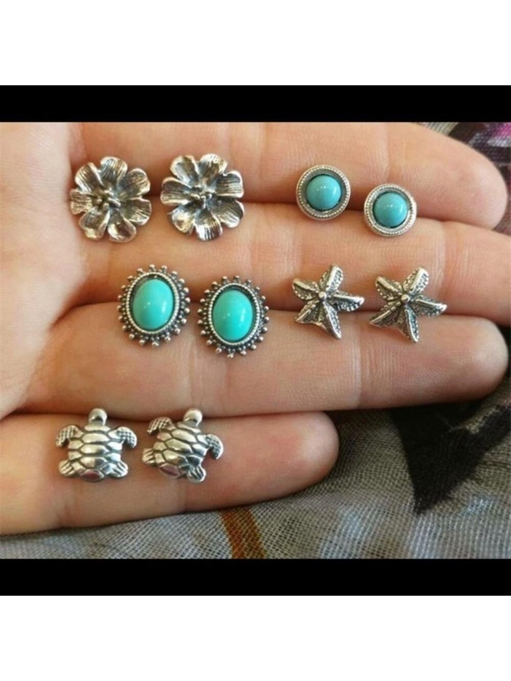 5 Pairs Turtle Star Flower Stud Earrings
